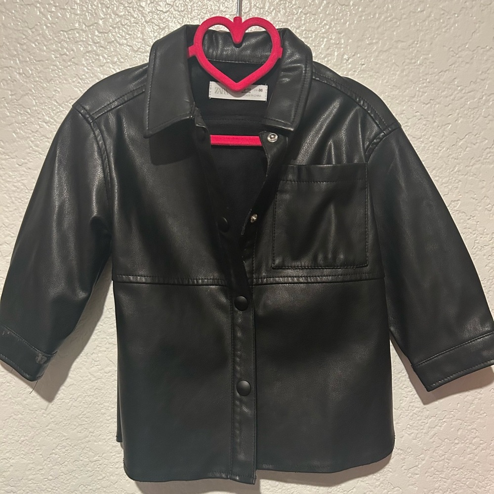 Zara Kids Black Button Down Faux Leather Shirt